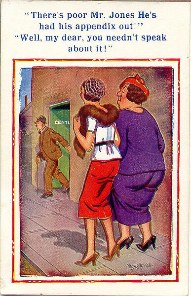 Comic postcard, Women see man leaving Gents