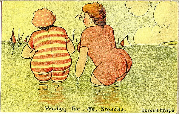 Comic postcard, Two women in the sea - waiting for the smacks. Date: 20th century