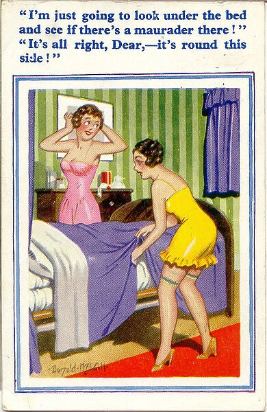 Comic postcard, Two young women in bedroom Date: 20th century