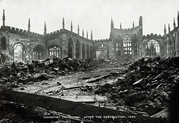 Coventry Cathedral in ruins after bombing, WW2