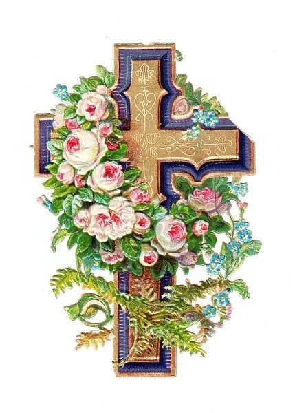 Cross with pink and blue flowers on a Victorian scrap