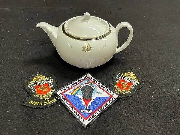 Cunard Line, QE2 Wedgwood teapot, embroidered badges