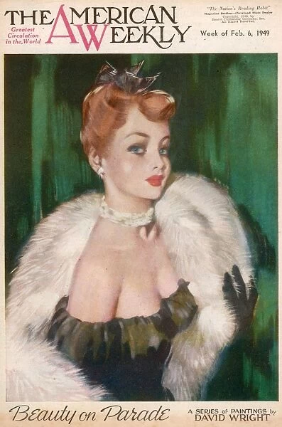 David Wright woman in black evening dress and white fur