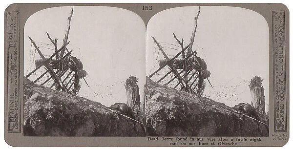 Dead soldier caught in wire after night raid, WW1