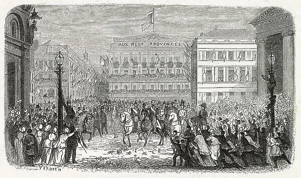 After the death of Leopold I, his son the duc de Brabant becomes Leopold II ; his solemn entry into Brussels is applauded by the populace. Date: 17 December 1865
