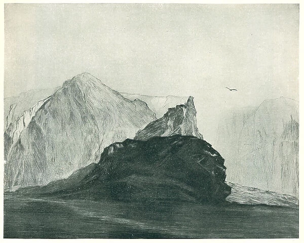 Desolate. A landscape etching of some mountainous cliff faces, swathed in both shadow
