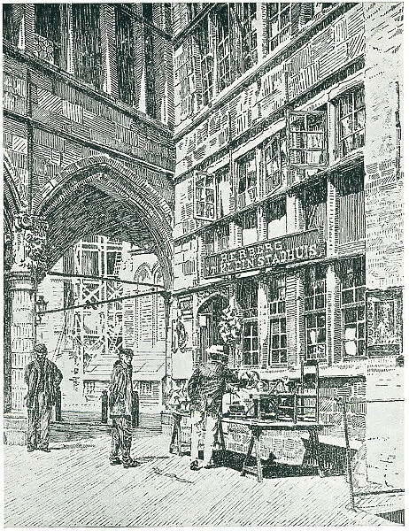 Ypres. A detailed etching or engraving of some people at a stall placed