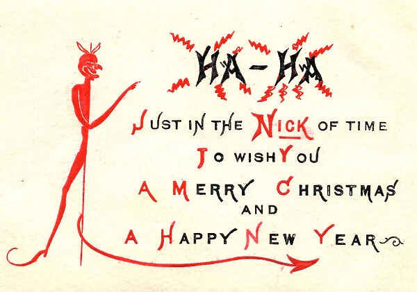 Devil with comic verse on a Christmas and New Year card