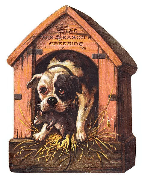 Dog with a rat on a kennel-shaped Christmas card