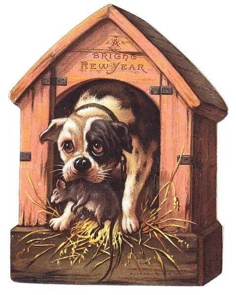Dog with a rat on a kennel-shaped New Year card