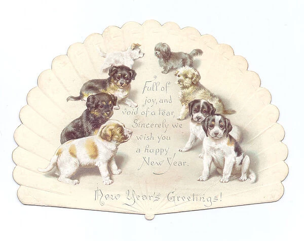 Dogs and puppies on a New Year card in the shape of a fan