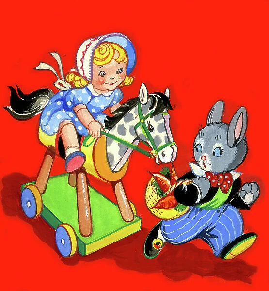 Doll riding a toy horse, chasing Mr Rabbit