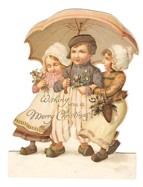 Three Dutch children on a cutout Christmas card
