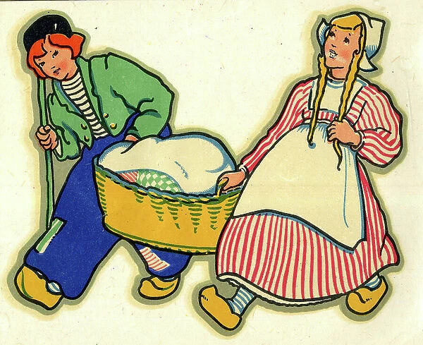 Dutch girl and boy carrying a washing basket