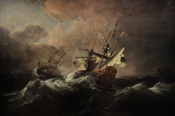 Dutch men-of-war in a storm off a rocky coast, 1672, by Wille