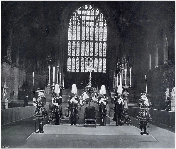Edward VII's coffin in Westminster Hall london, on a raised platform to allow the public to pay their respects. Date: May 1910