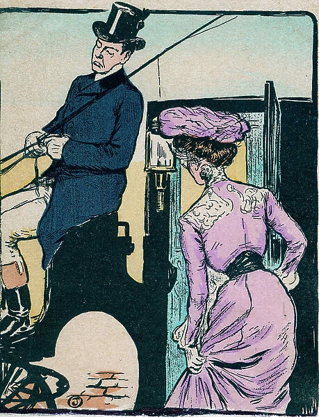 Edwardian lady hailing a top hatted cabbie