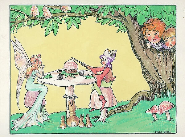 Elves or fairies having tea and cake with rabbits