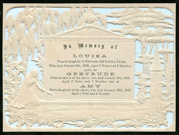 Embossed Victorian mourning card, three daughters
