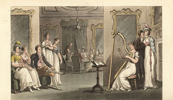English gentleman and ladies listening to a harpist