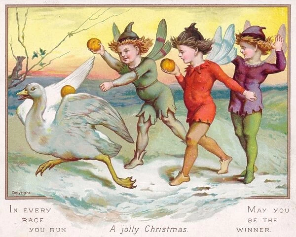 Fairies chasing a goose on a Christmas card