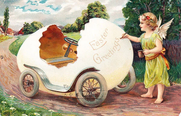 Fairy with a shell-shaped car on an Easter postcard