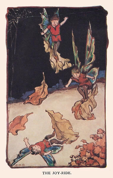 Fairyland. The Joy-ride. Fairies riding on falling leaves. Artist: CM Cottam Date: 1920