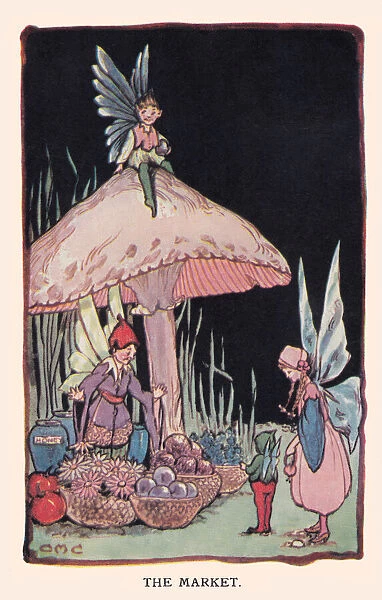 Fairyland. The Market. Fairies at a vegetable market stall under a toadstool