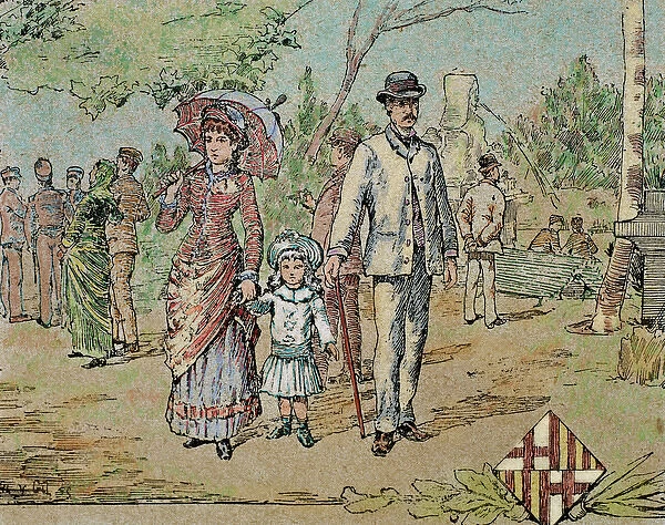Family walking. Barcelona. Catalonia. Spain. 1885. Engraving
