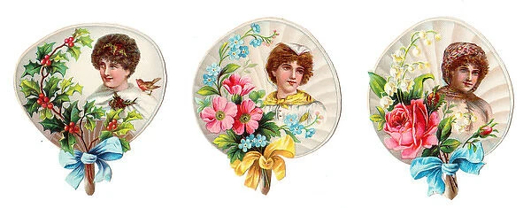 Fans with women and flowers on three Victorian scraps