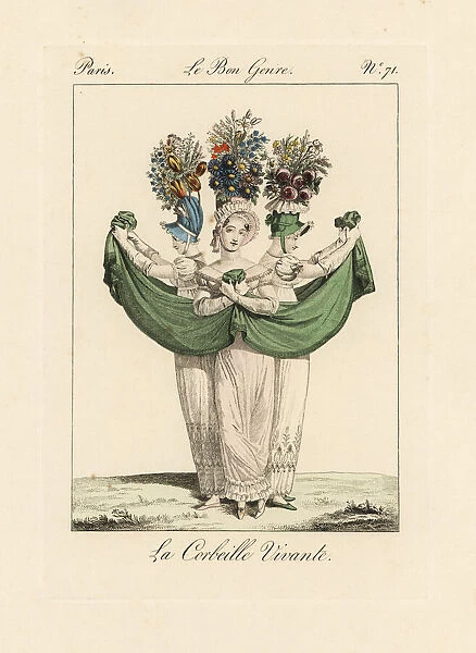 Three fashionable women in bonnets with tall floral displays