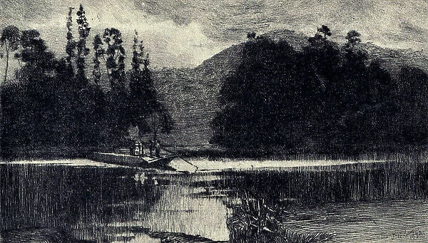 The Ferry. This etching shows a small ferry boat travelling along the calm waters