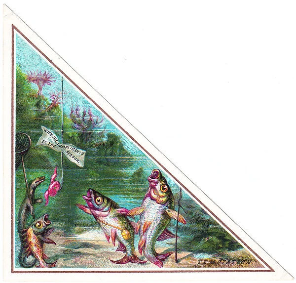 Fish staring at worm on hook on a triangular Christmas card