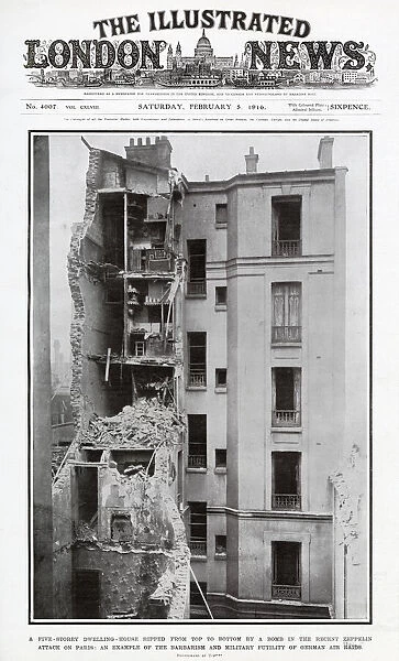 A five-storey dwellings heavily damaged by a bomb by a zeppelin attack. Date: 1916