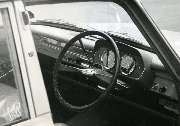 Ford Cortina car, steering wheel and dashboard, 1965