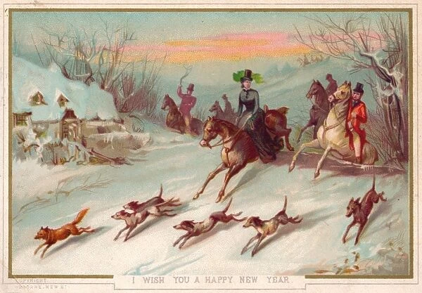 Foxhunting scene in the snow on a New Year card