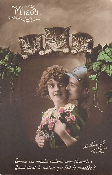 French postcard, soldier and sweetheart with cats, WW1