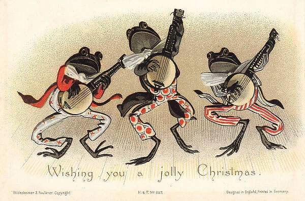 Three frogs playing banjos on a Christmas card