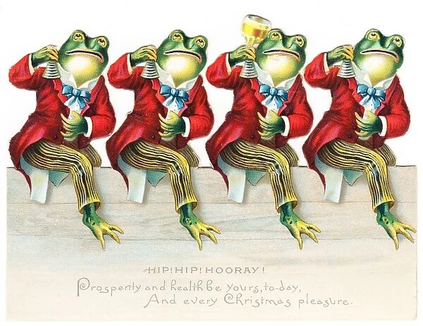 Four frogs in red tailcoats on a cutout Christmas card
