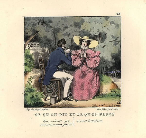 Gentleman and lady on a date in a garden, 19th century