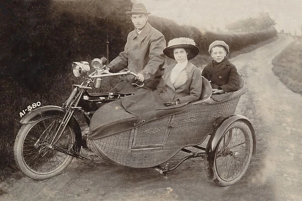 Gentleman & passengers on his 1906 Royal Enfield motorcycle