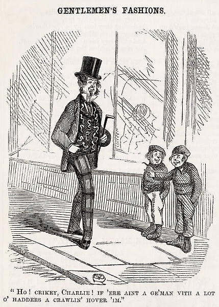 Gentlemens fashions, 1853. Two small boys in the street have a chuckle at a man s