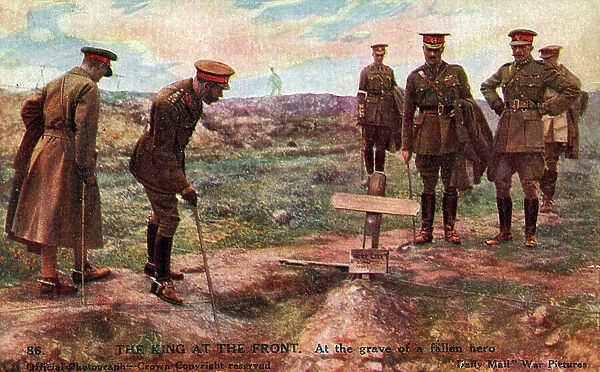 George V at the front, visiting war grave, WW1