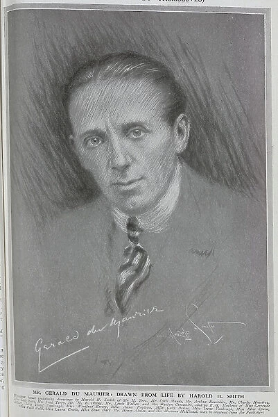 Gerald du Maurier, actor drawn from life by Harold H Smith, artist. Pastel sketch in collar and striped tie. Part of a series, Pencil portraits of Stage Favourites'published in The Bystander