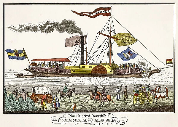 A German steamship with many flags flying attracts the attention of people on the river bank. Date: circa 1830
