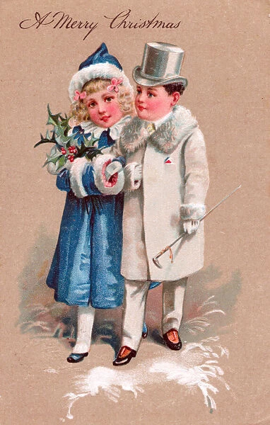 Girl and boy in the snow on a Christmas postcard