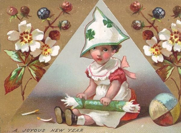 Girl with Christmas cracker on a New Year card