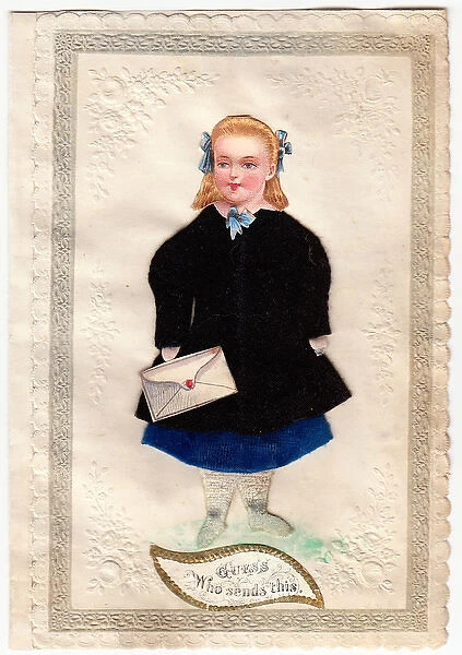 Girl with envelope on a fabric greetings card