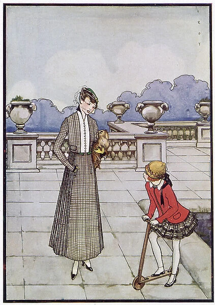 A girl on a scooter, wearing a tartan skirt, talks to a smart woman with a toy dog under her arm Date: 1915