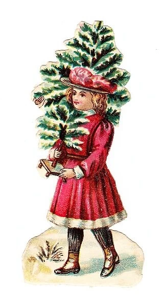Girl with tree on a Victorian Christmas scrap